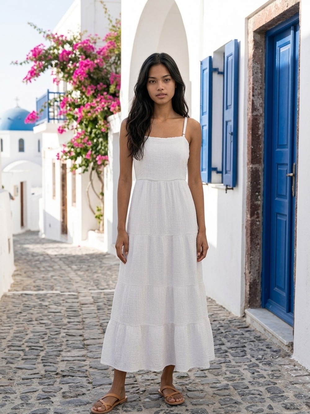 Knox Rose White Gauze Cotton Midi Tiered Dress Adjustable Spaghetti Straps XS